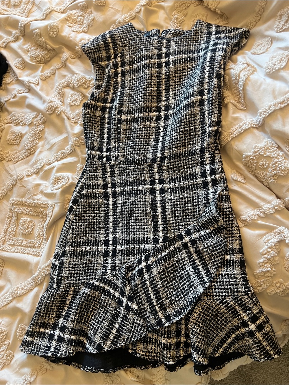 Mango Black and White Plaid Asymmetrical Ruffle Dress